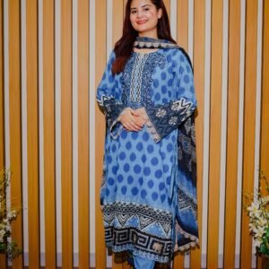 Elegant Blue Printed Lawn Suit with Embroidered Neckline & Contrasting Dupatta