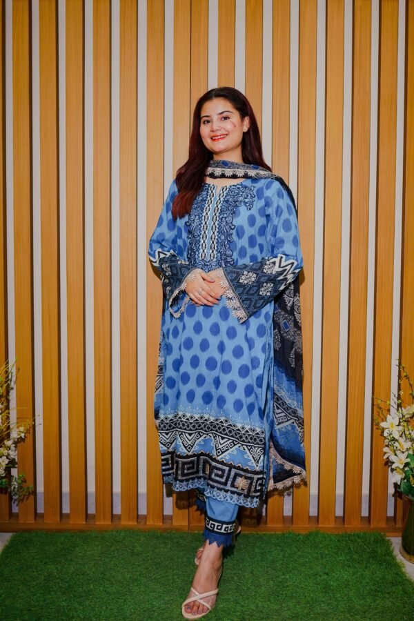 Elegant Blue Printed Lawn Suit with Embroidered Neckline & Contrasting Dupatta