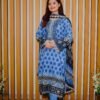 Elegant Blue Printed Lawn Suit with Embroidered Neckline & Contrasting Dupatta