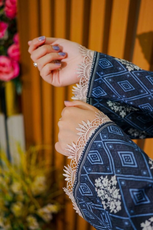 Elegant Blue Printed Lawn Suit with Embroidered Neckline & Contrasting Dupatta