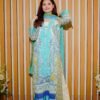 Aqua & Mustard Ethnic Lawn Suit with Embroidered Neckline and Printed Dupatta
