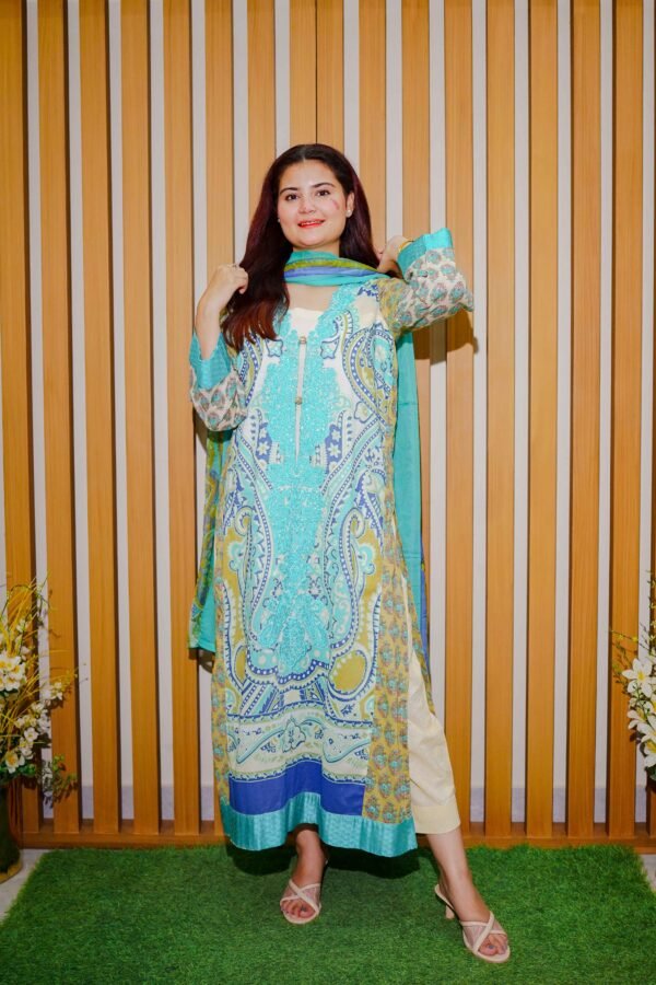 Aqua & Mustard Ethnic Lawn Suit with Embroidered Neckline and Printed Dupatta