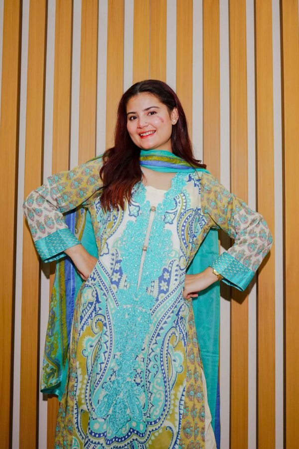 Aqua & Mustard Ethnic Lawn Suit with Embroidered Neckline and Printed Dupatta