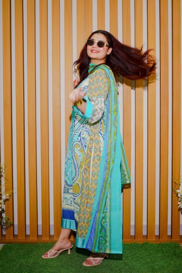 Aqua & Mustard Ethnic Lawn Suit with Embroidered Neckline and Printed Dupatta