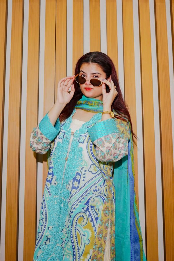 Aqua & Mustard Ethnic Lawn Suit with Embroidered Neckline and Printed Dupatta