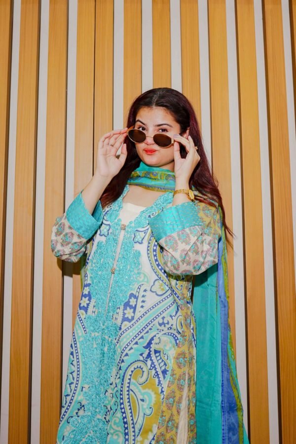 Aqua & Mustard Ethnic Lawn Suit with Embroidered Neckline and Printed Dupatta