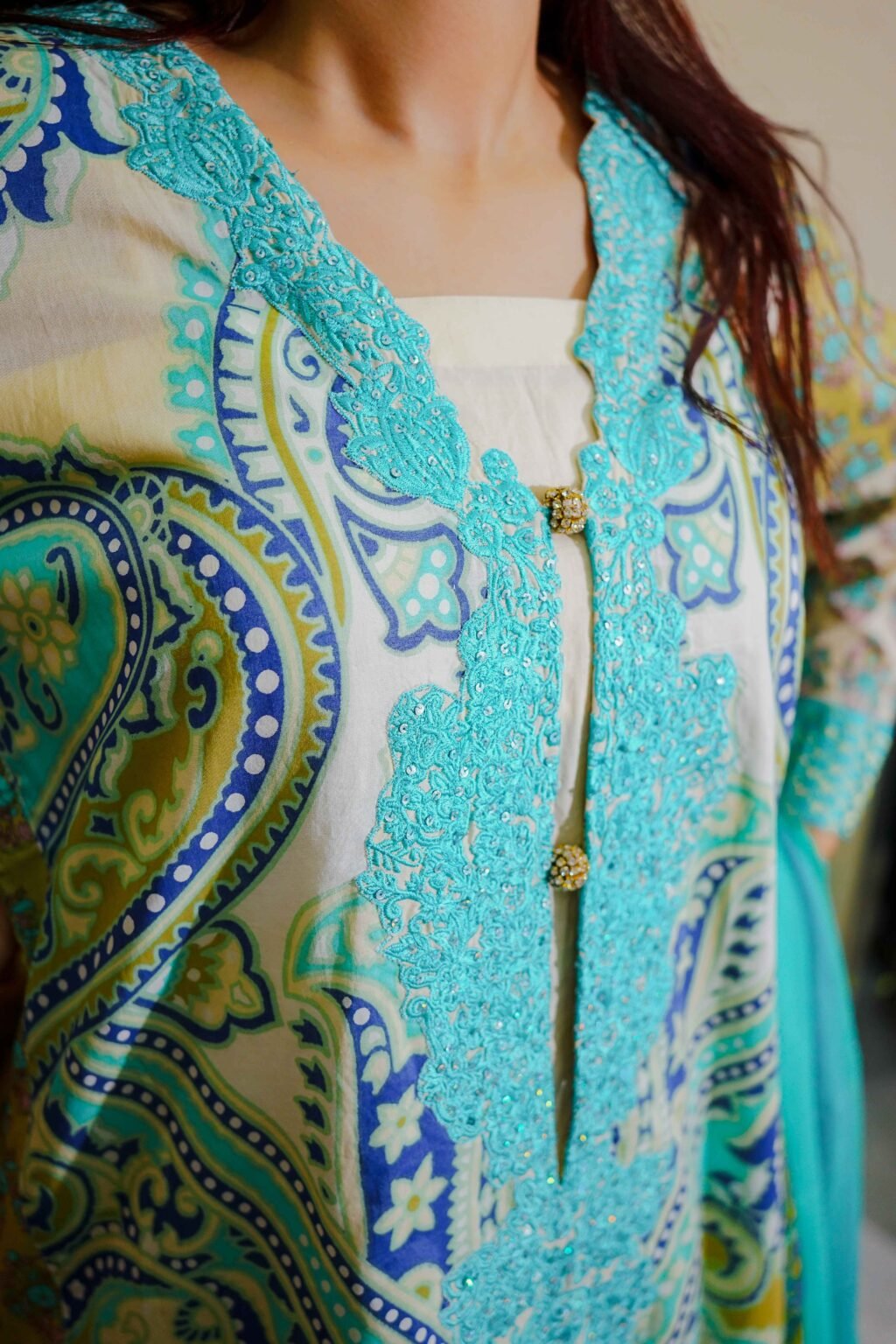 Aqua & Mustard Ethnic Lawn Suit with Embroidered Neckline and Printed Dupatta