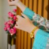Aqua & Mustard Ethnic Lawn Suit with Embroidered Neckline and Printed Dupatta