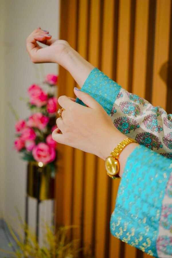 Aqua & Mustard Ethnic Lawn Suit with Embroidered Neckline and Printed Dupatta