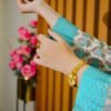 Aqua & Mustard Ethnic Lawn Suit with Embroidered Neckline and Printed Dupatta