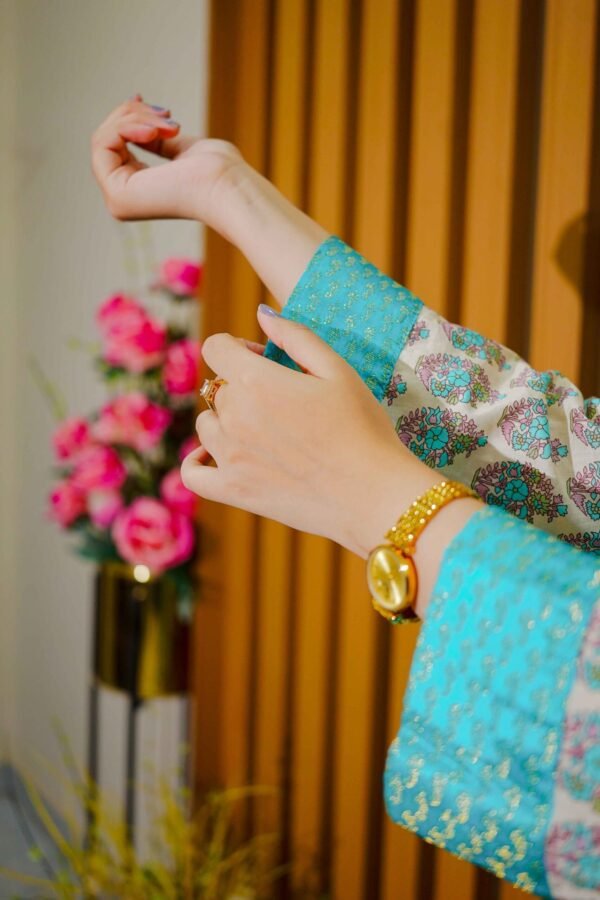 Aqua & Mustard Ethnic Lawn Suit with Embroidered Neckline and Printed Dupatta