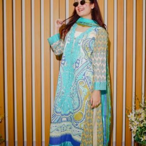 Aqua & Mustard Ethnic Lawn Suit with Embroidered Neckline and Printed Dupatta