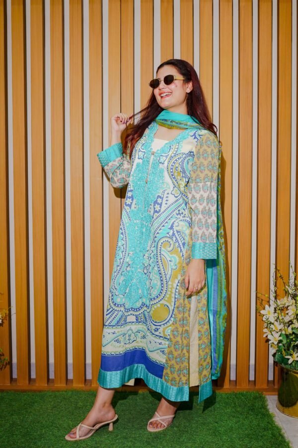 Aqua & Mustard Ethnic Lawn Suit with Embroidered Neckline and Printed Dupatta