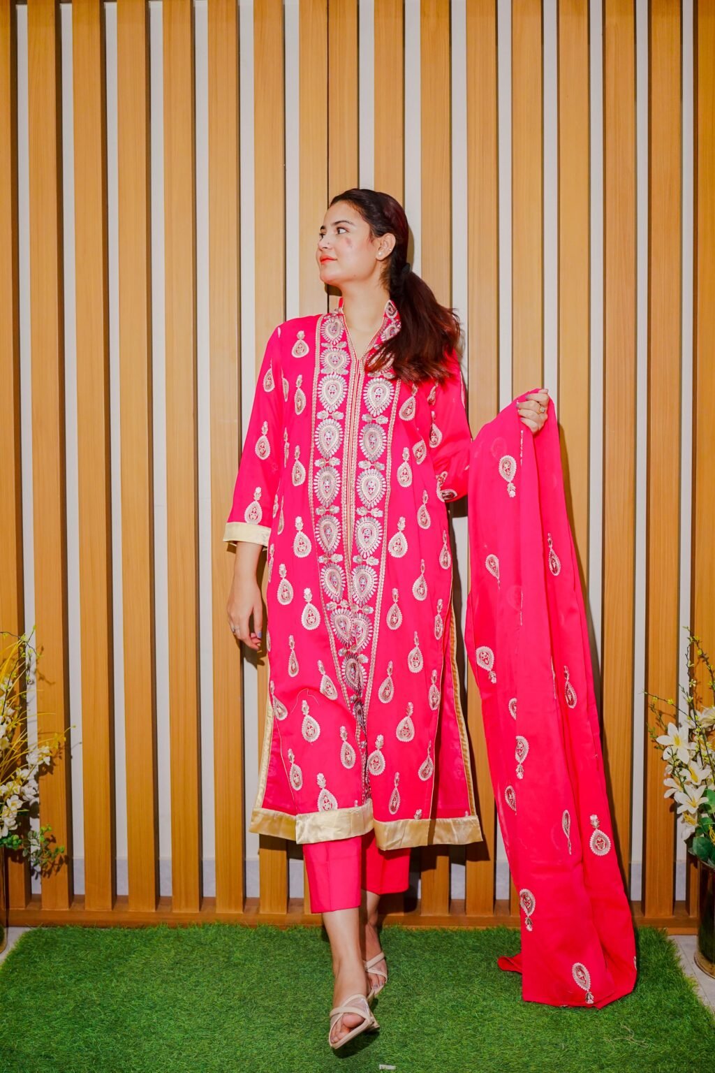Hot Pink Ethnic Wear with Golden Embroidered Detailing