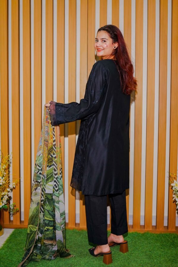 Elegant Black Embroidered Lawn Suit with Printed Chiffon Dupatta