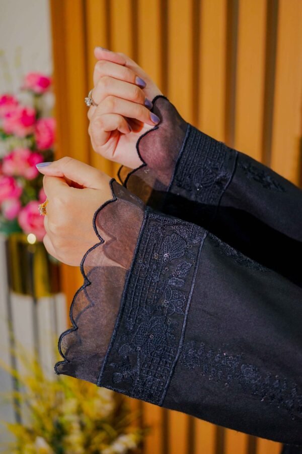 Elegant Black Embroidered Lawn Suit with Printed Chiffon Dupatta