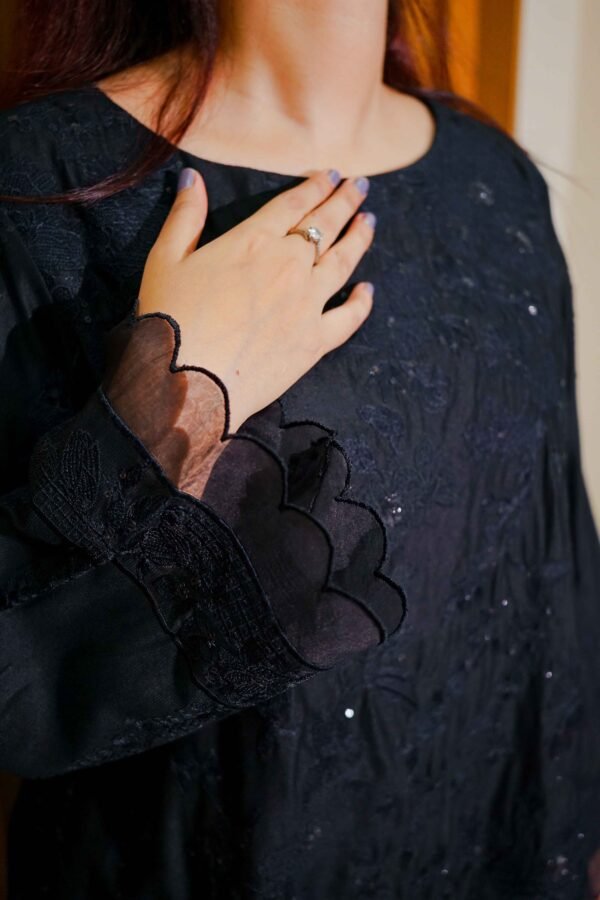 Elegant Black Embroidered Lawn Suit with Printed Chiffon Dupatta