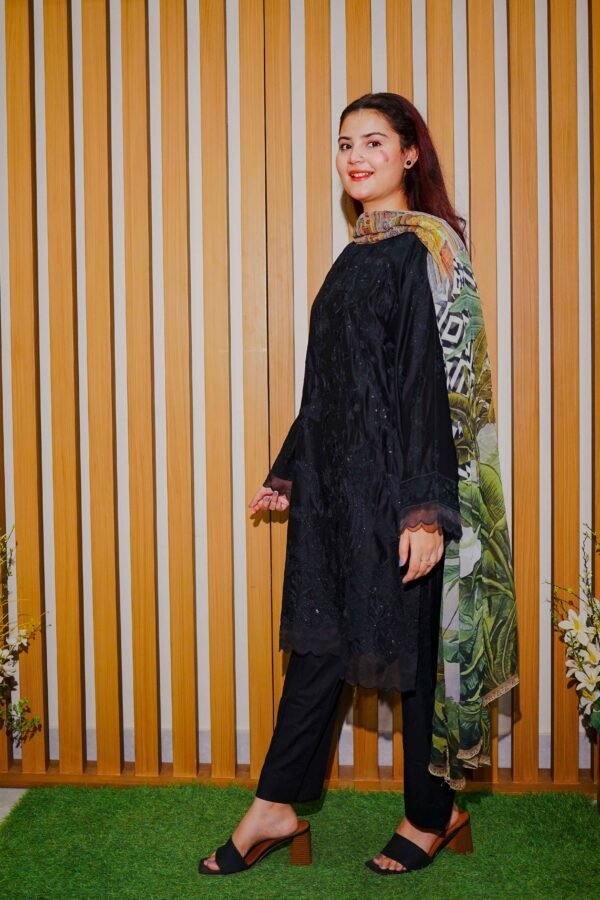 Elegant Black Embroidered Lawn Suit with Printed Chiffon Dupatta