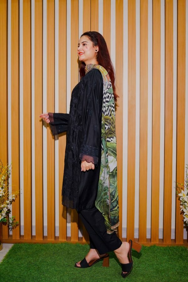 Elegant Black Embroidered Lawn Suit with Printed Chiffon Dupatta