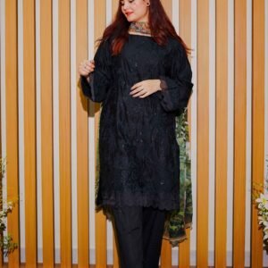 Elegant Black Embroidered Lawn Suit with Printed Chiffon Dupatta