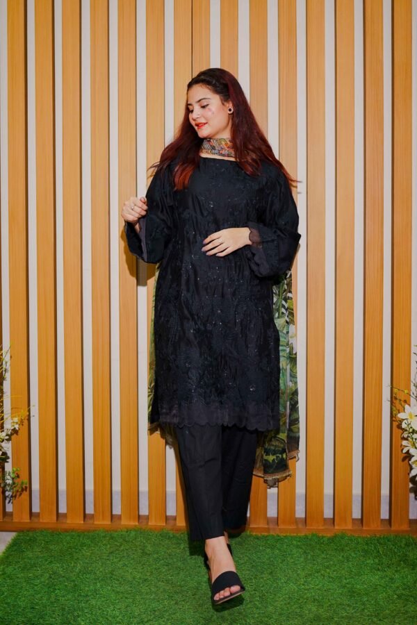 Elegant Black Embroidered Lawn Suit with Printed Chiffon Dupatta