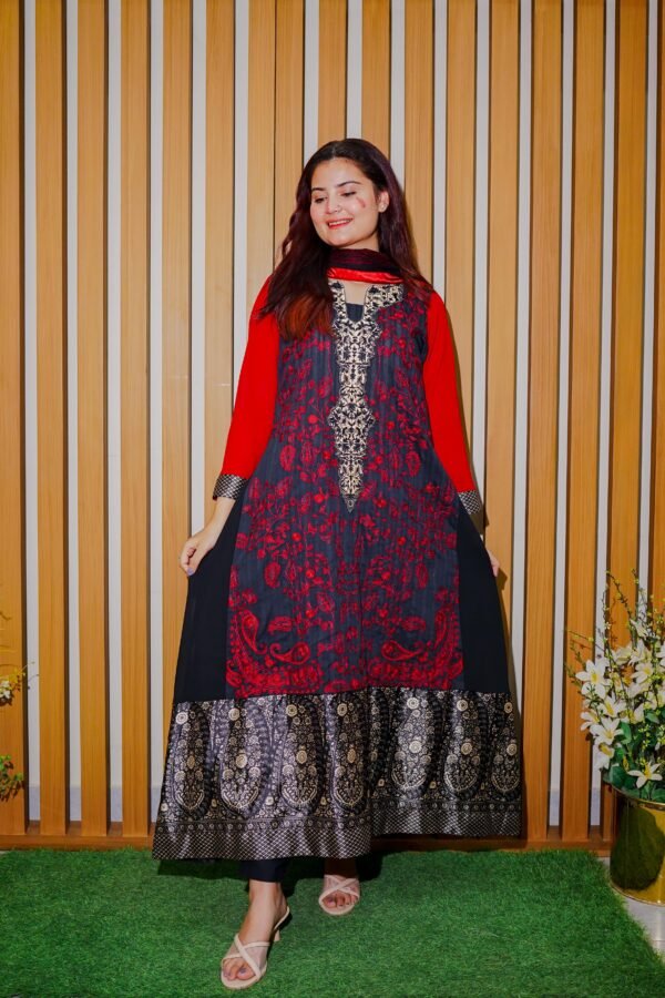 Elegant Red & Black Embroidered Long Kurti - Dua Fashion Corner