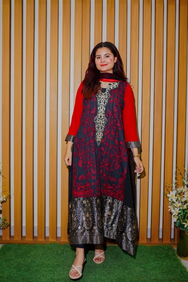 Elegant Red & Black Embroidered Long Kurti - Dua Fashion Corner