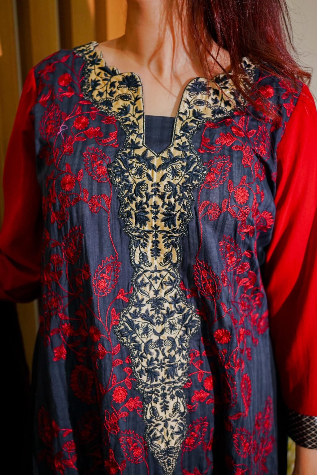 Elegant Red & Black Embroidered Long Kurti - Dua Fashion Corner