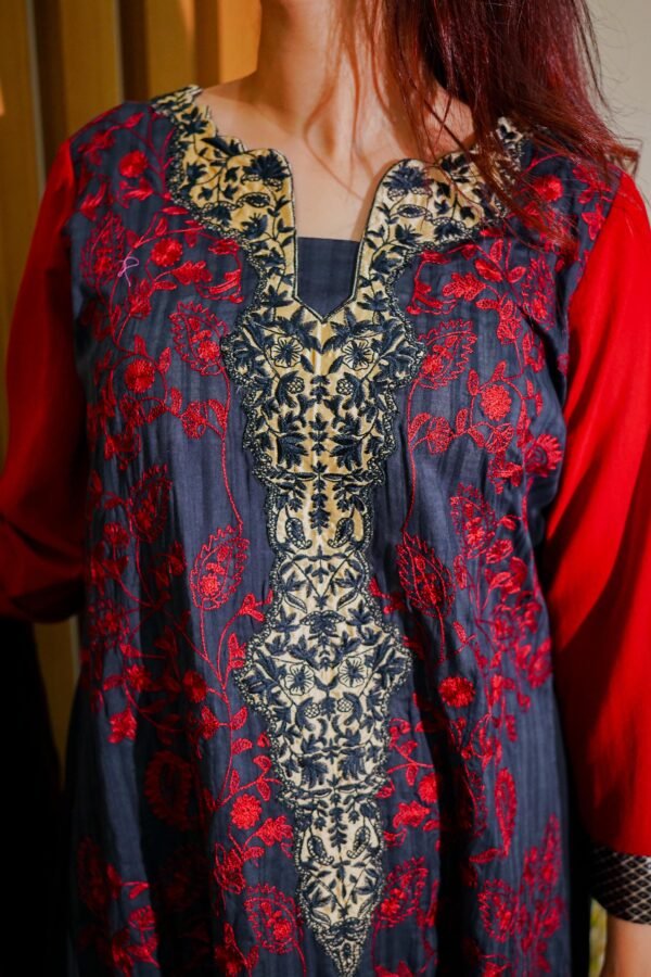 Elegant Red & Black Embroidered Long Kurti - Dua Fashion Corner