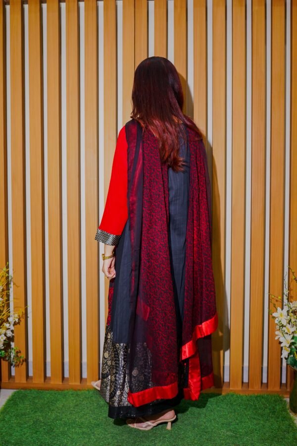 Elegant Red & Black Embroidered Long Kurti - Dua Fashion Corner