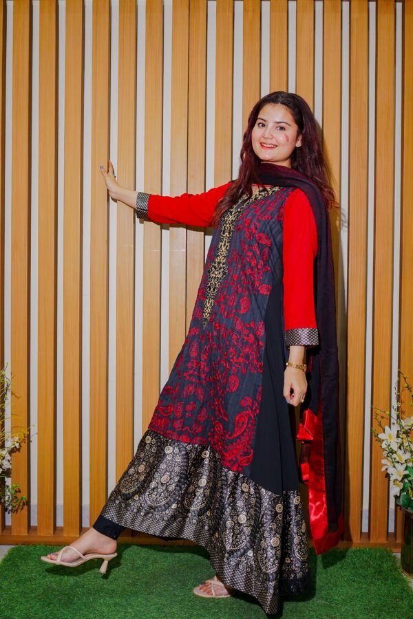Elegant Red & Black Embroidered Long Kurti - Dua Fashion Corner