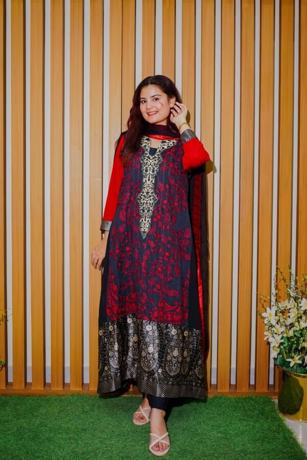Elegant Red & Black Embroidered Long Kurti - Dua Fashion Corner