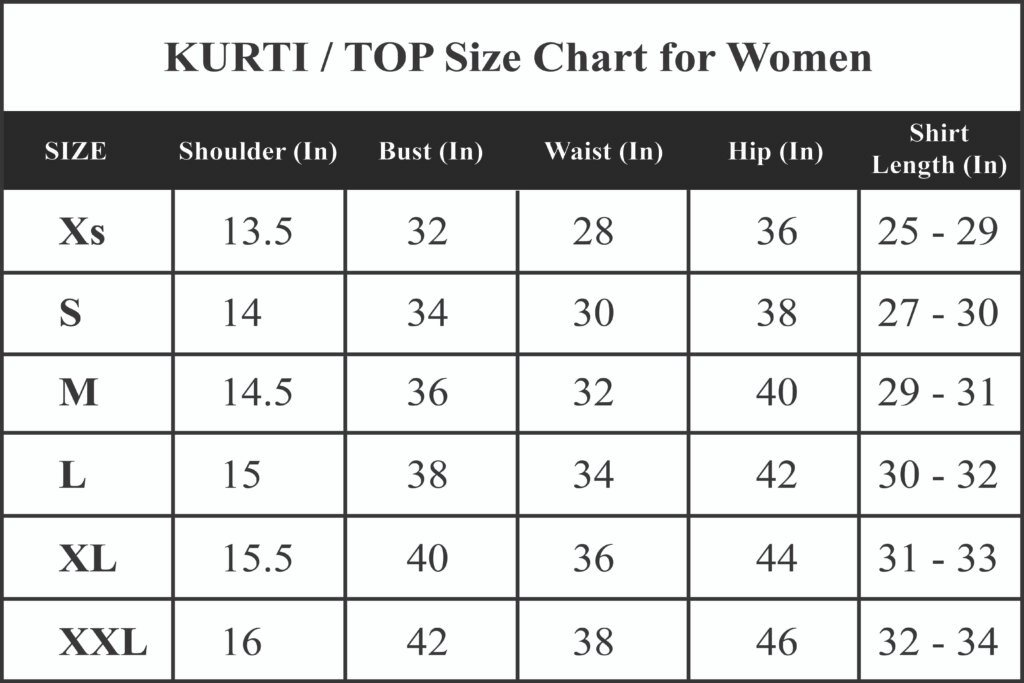 Kurti Tops SIze Guide DFC