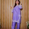 Stay cool and stylish this season with this soft lavender 2-piece suit, featuring delicate white embroidery. A graceful pick for daytime events or everyday wear.