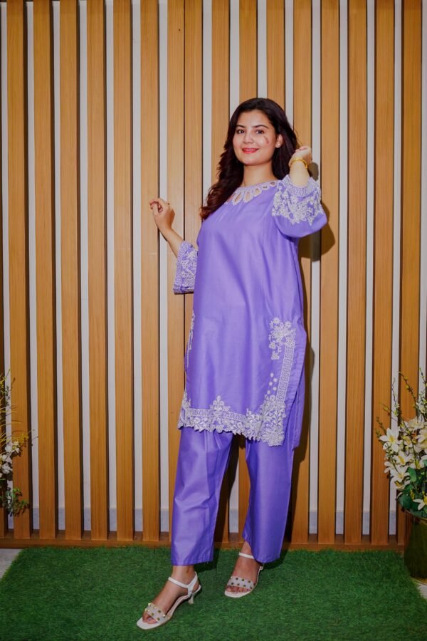 Stay cool and stylish this season with this soft lavender 2-piece suit, featuring delicate white embroidery. A graceful pick for daytime events or everyday wear.