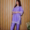 Stay cool and stylish this season with this soft lavender 2-piece suit, featuring delicate white embroidery. A graceful pick for daytime events or everyday wear.
