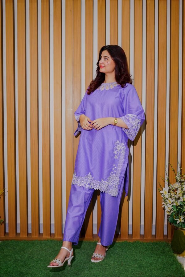 Stay cool and stylish this season with this soft lavender 2-piece suit, featuring delicate white embroidery. A graceful pick for daytime events or everyday wear.