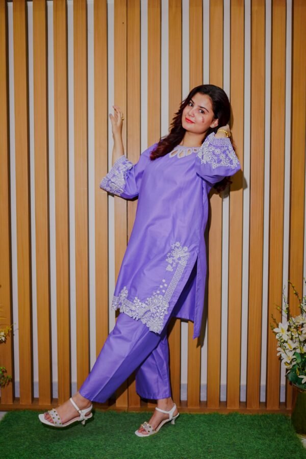 Stay cool and stylish this season with this soft lavender 2-piece suit, featuring delicate white embroidery. A graceful pick for daytime events or everyday wear.