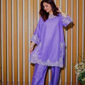 Stay cool and stylish this season with this soft lavender 2-piece suit, featuring delicate white embroidery. A graceful pick for daytime events or everyday wear.