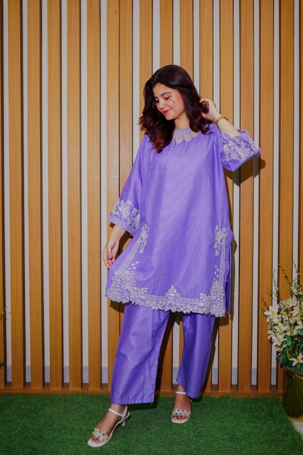 Stay cool and stylish this season with this soft lavender 2-piece suit, featuring delicate white embroidery. A graceful pick for daytime events or everyday wear.