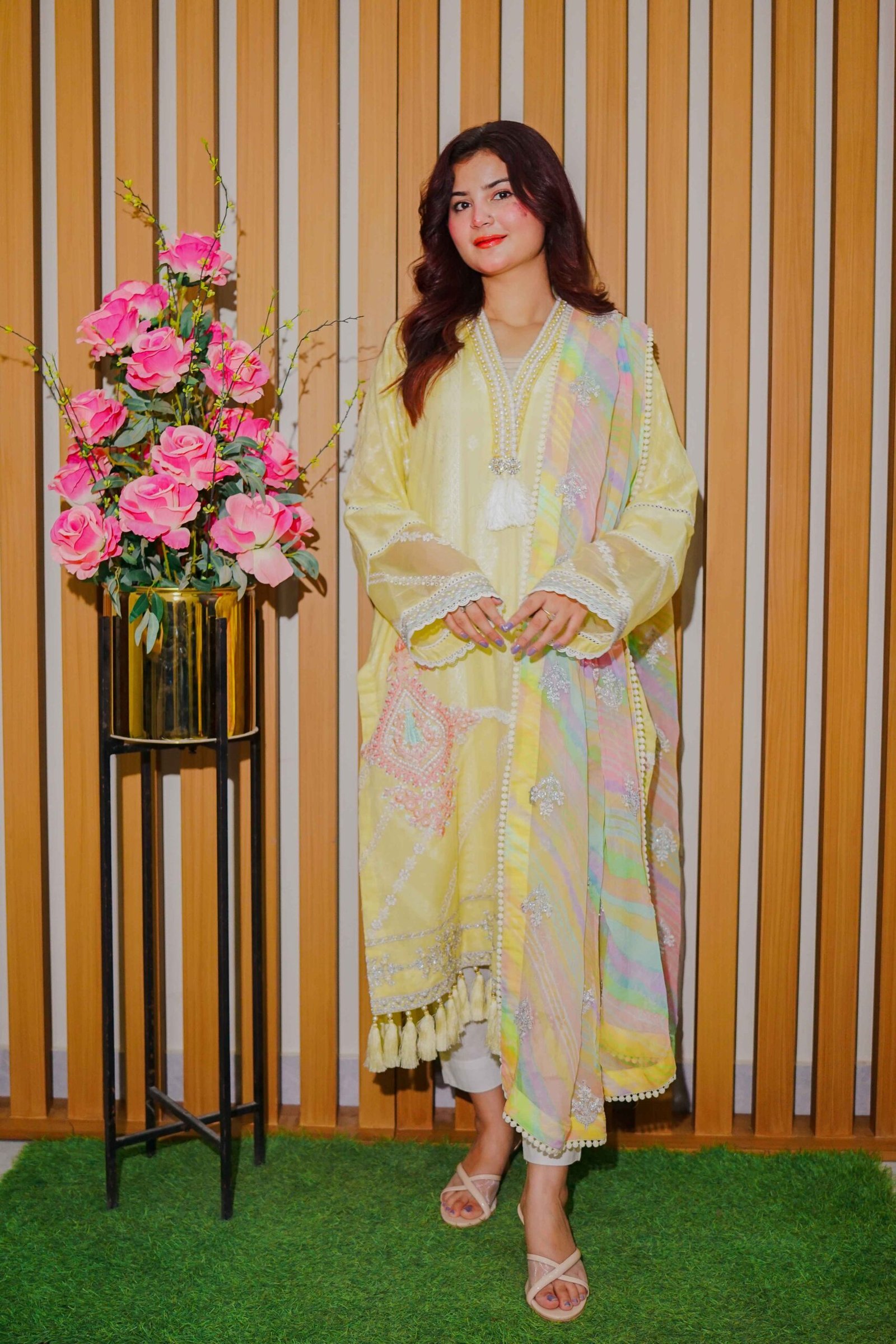 Lemon Yellow Embroidered With Pastel Dupatta