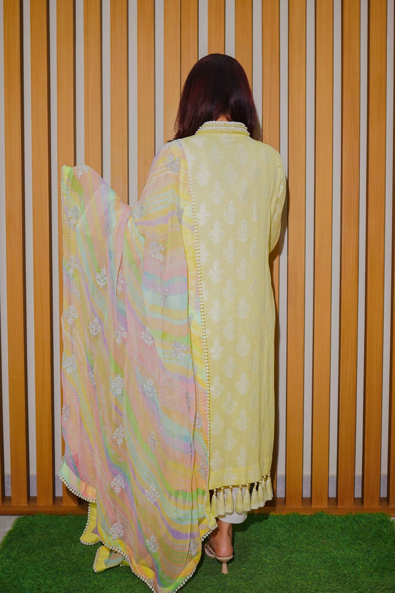 Lemon Yellow Embroidered With Pastel Dupatta