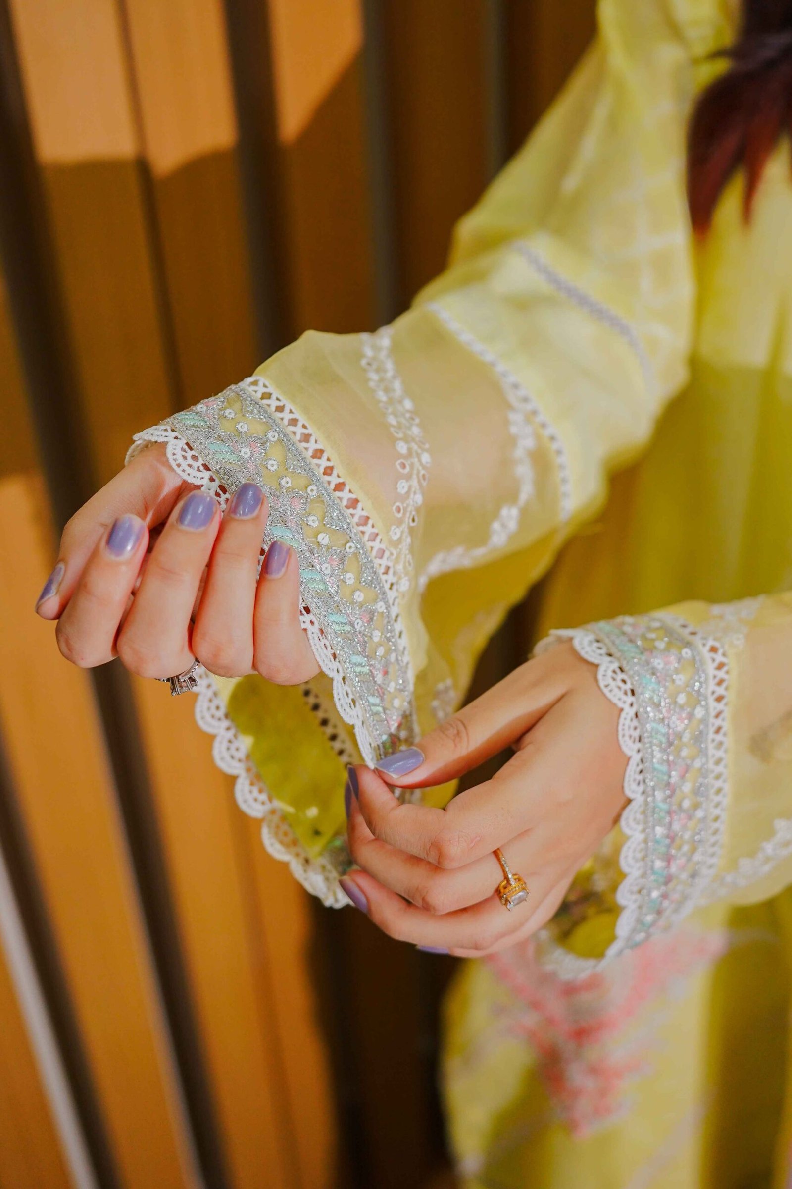 Lemon Yellow Embroidered With Pastel Dupatta
