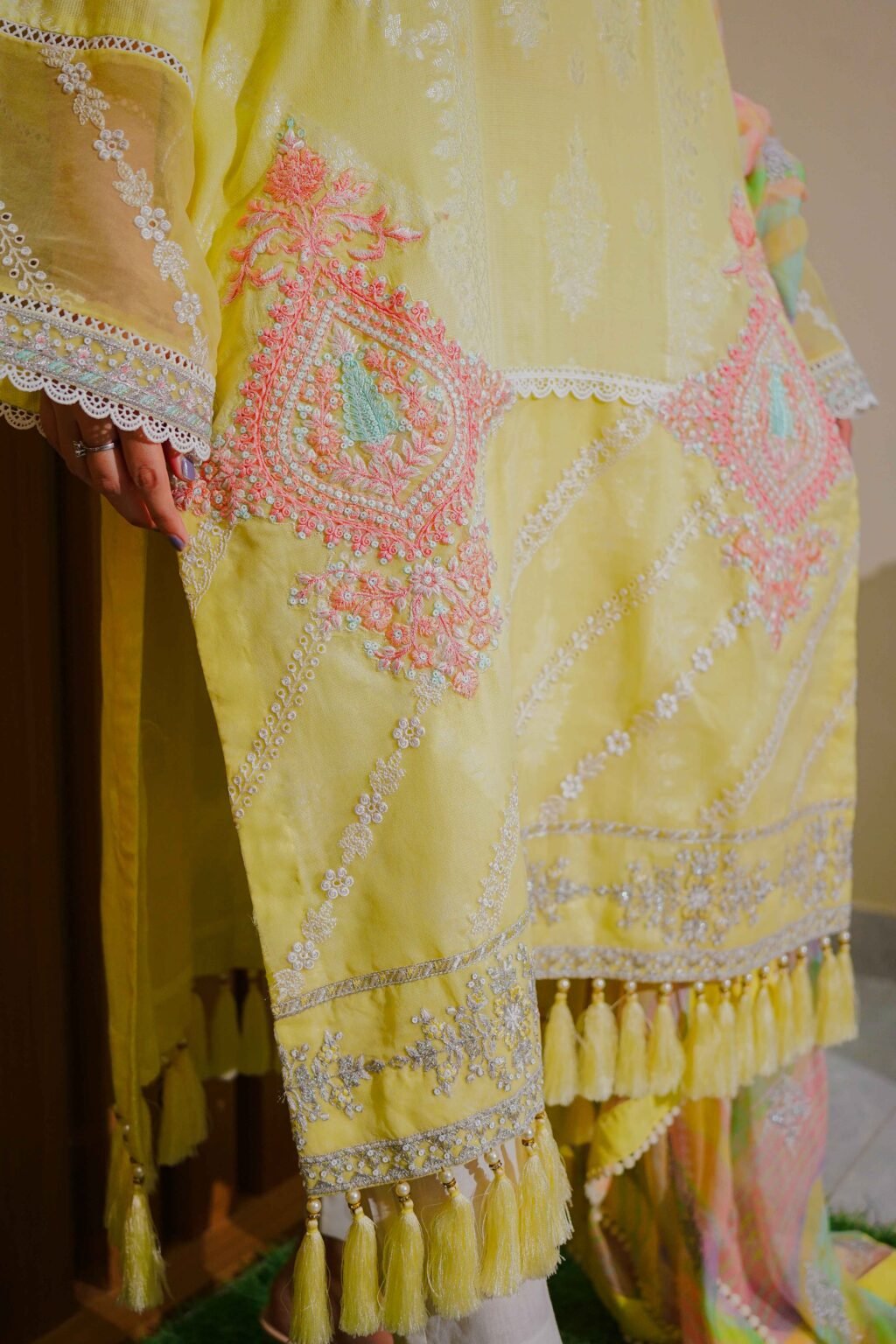 Lemon Yellow Embroidered With Pastel Dupatta
