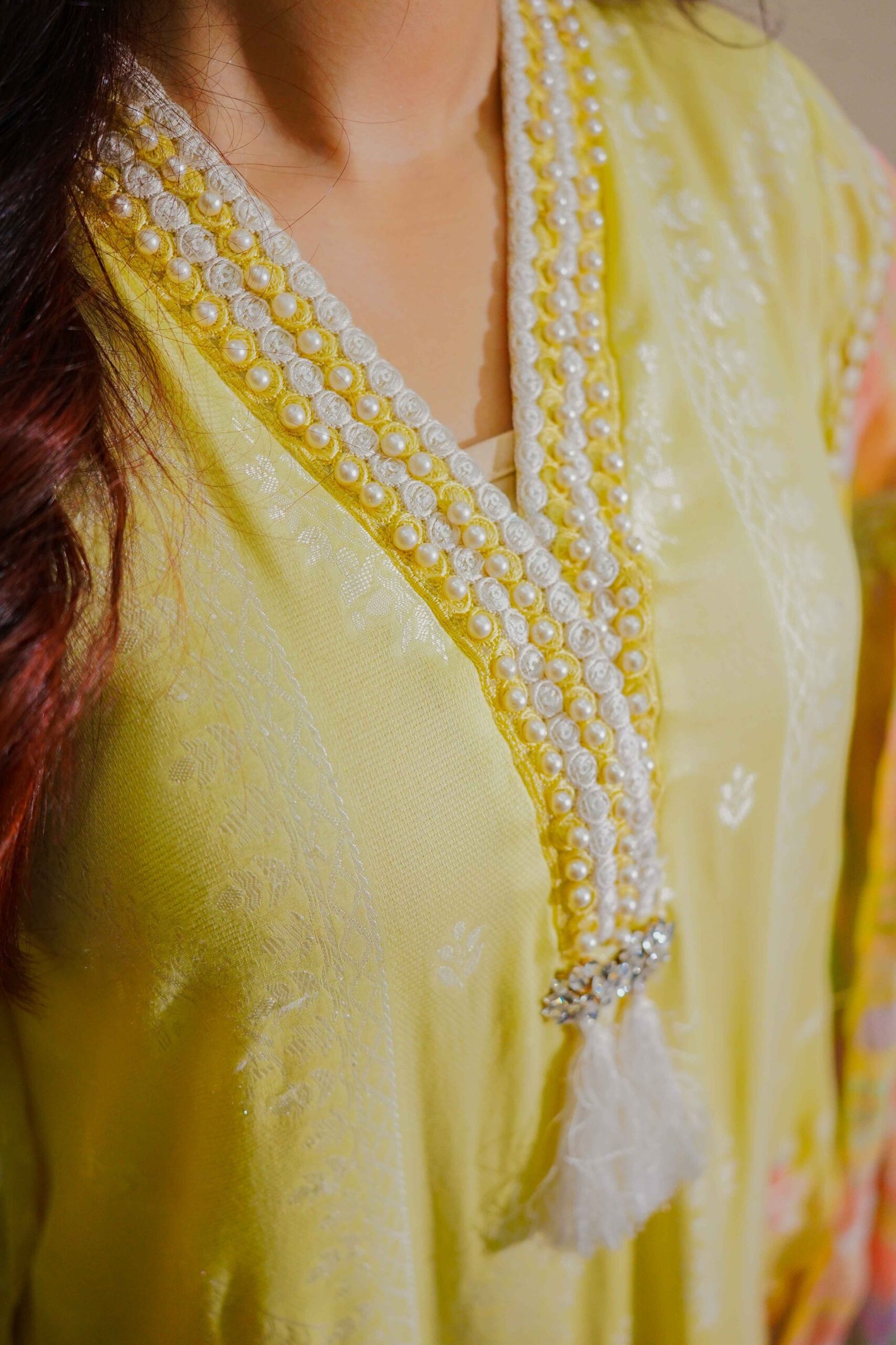 Lemon Yellow Embroidered With Pastel Dupatta