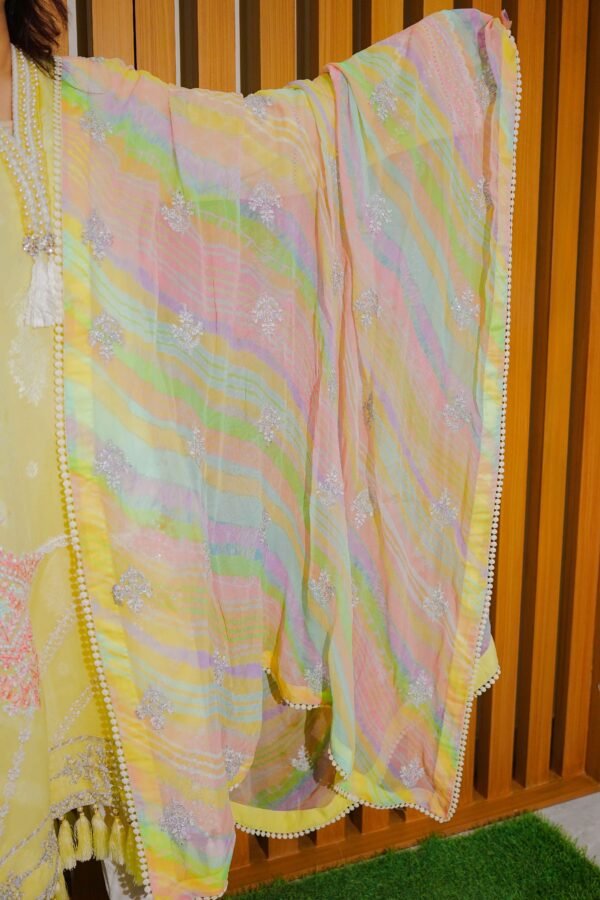 Lemon Yellow Embroidered With Pastel Dupatta