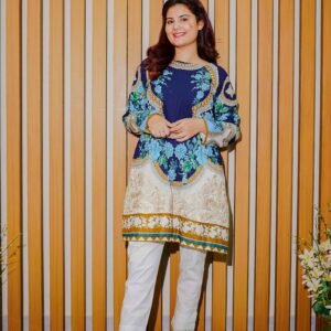 Navy Blue Floral Printed Shirt With White Trousers & Dupatta