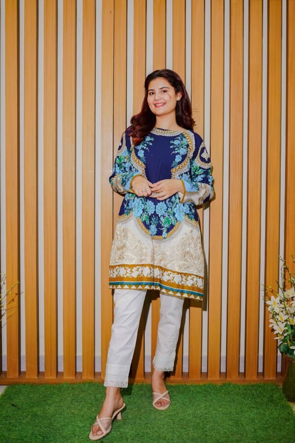 Navy Blue Floral Printed Shirt With White Trousers & Dupatta