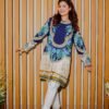 Navy Blue Floral Printed Shirt With White Trousers & Dupatta