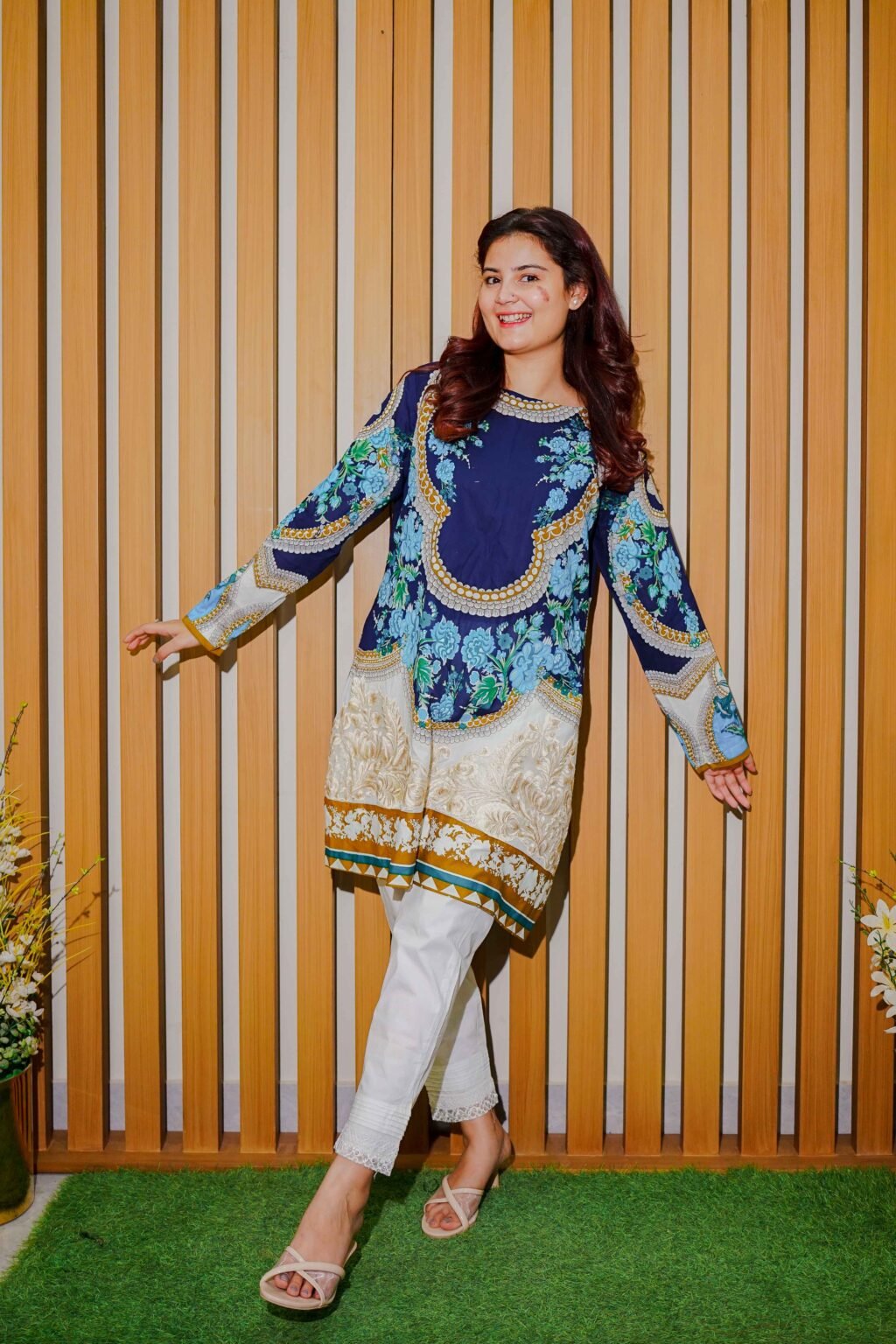 Navy Blue Floral Printed Shirt With White Trousers & Dupatta